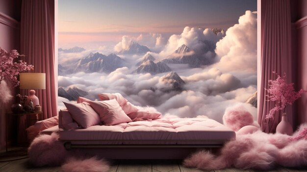 Photo a bedroom with a large window and a view of the mountains and sky