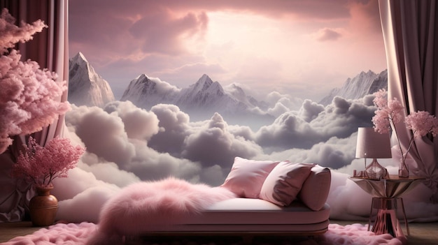 Photo a bedroom with a large window and a view of the mountains and sky