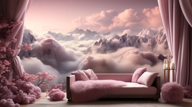 Photo a bedroom with a large window and a view of the mountains and sky