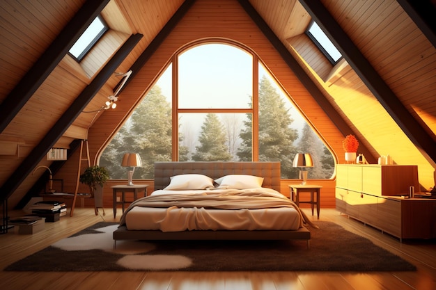 A bedroom with a large window