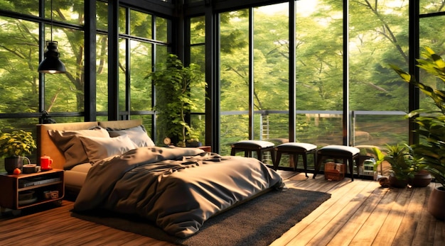 A bedroom with large windows and a black bed