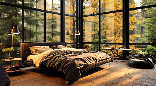 A bedroom with large windows and a black bed