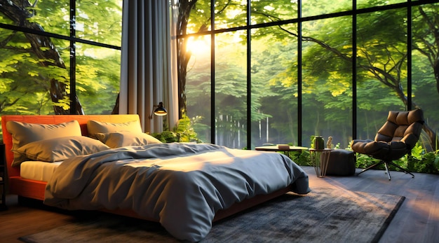 A bedroom with large windows next to a tree