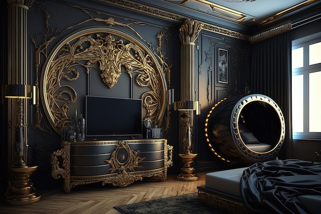 A bedroom with a luxurious and opulent design featuring a prominent gold color scheme Generative of AI