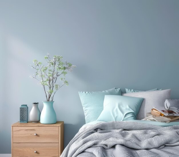 Bedroom with minimalist decor and minimal furniture in soft pastel tones Interior design composition