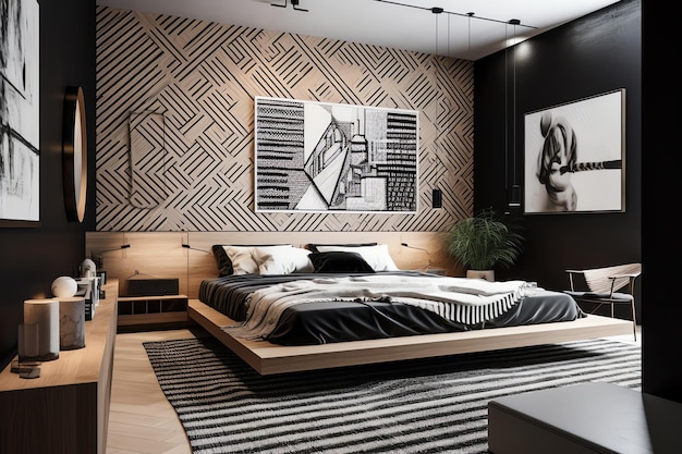 Bedroom with a minimalist platform bed geometric wall art