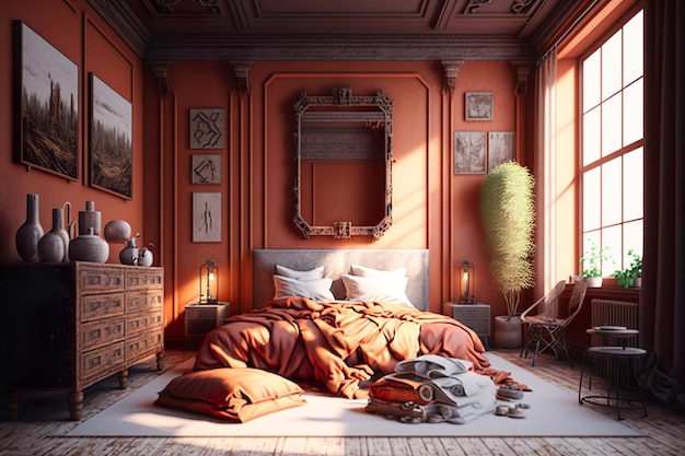 A bedroom with a mirror and a bed with orange sheets and a wooden dresser.