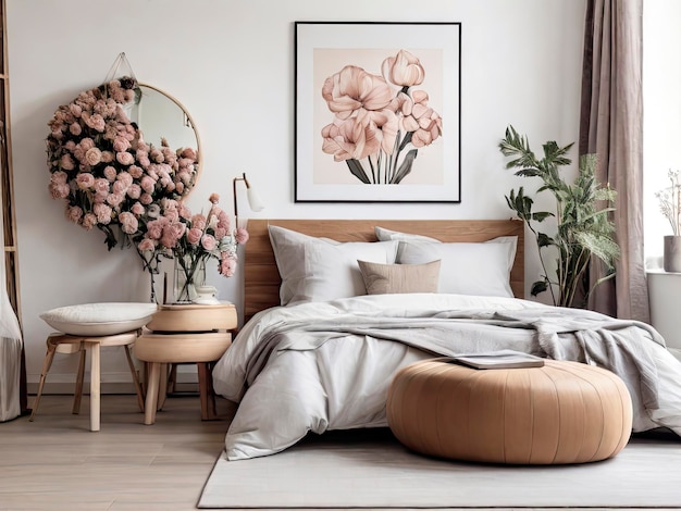 사진 현대적인 인테리어와 함께 침실 나무 의자에 꽃과 포스터 프레임과 함께  바탕에 푸프