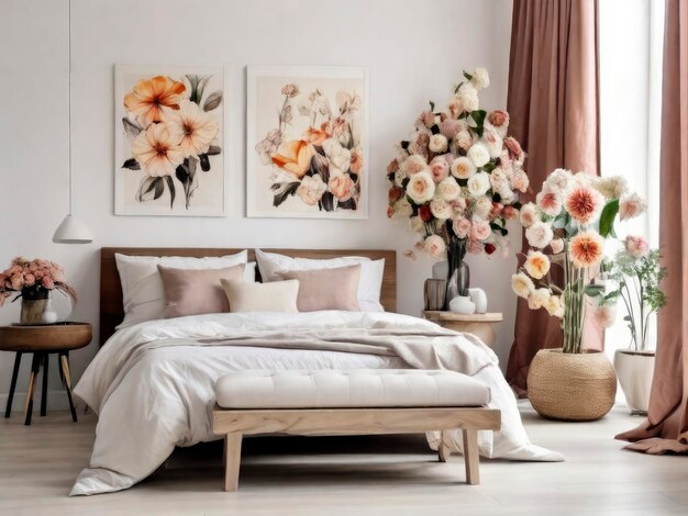 Bedroom with modern interior Flowers on Wooden Stool and pouf in white background with Poster Frame