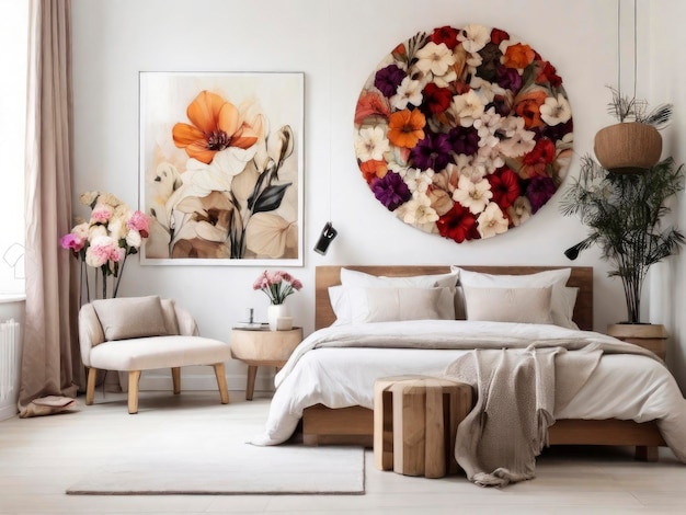 Bedroom with modern interior Flowers on Wooden Stool and pouf in white background with Poster Frame