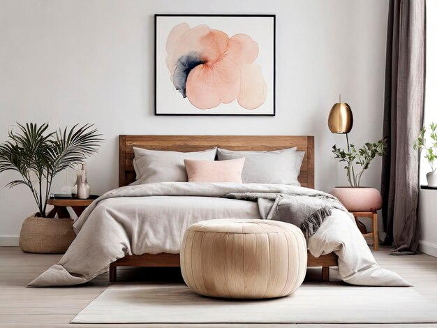 Bedroom with modern interior Flowers on Wooden Stool and pouf in white background with Poster Frame