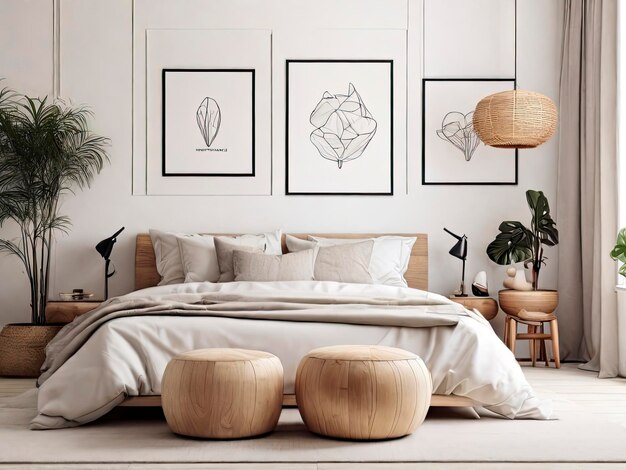 Bedroom with modern interior Flowers on Wooden Stool and pouf in white background with Poster Frame