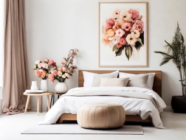 Photo bedroom with modern interior flowers on wooden stool and pouf in white background with poster frame