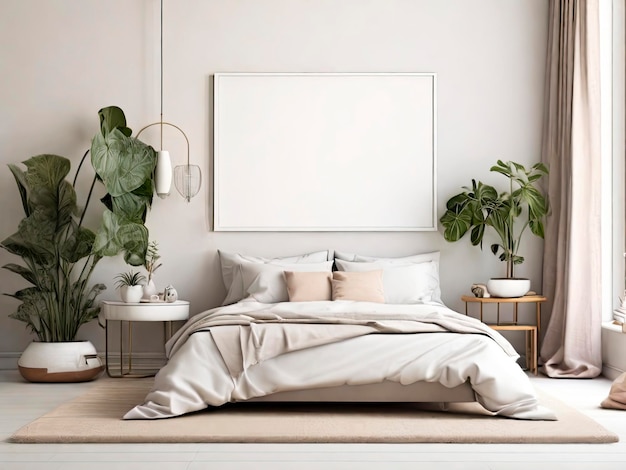 Bedroom with modern interior Flowers on Wooden Stool and pouf in white background with Poster Frame