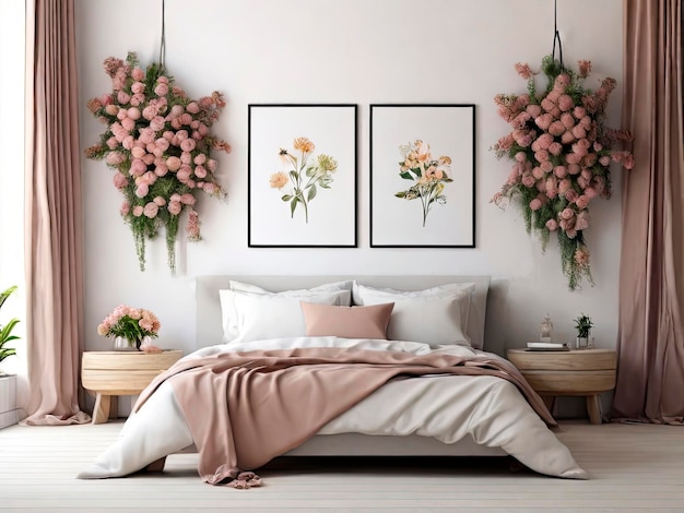 Photo bedroom with modern interior flowers on wooden stool and pouf in white background with poster frame