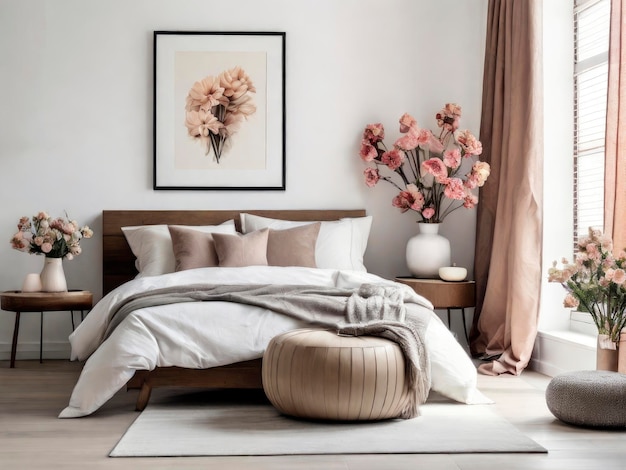 Photo bedroom with modern interior flowers on wooden stool and pouf in white background with poster frame