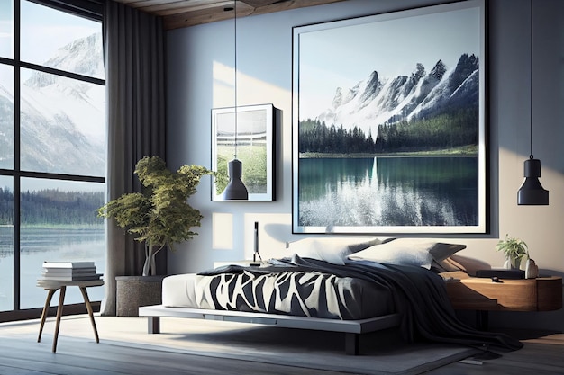 A bedroom with a mountain scene on the wall