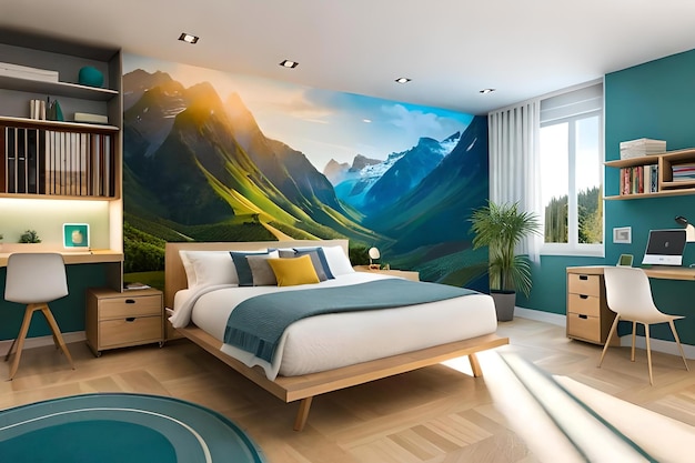 Bedroom with a mural of mountains and mountains