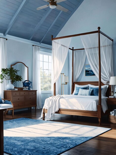 Photo a bedroom with nautical decor and a bed