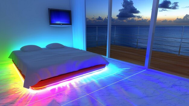 Photo a bedroom with a neon light strip