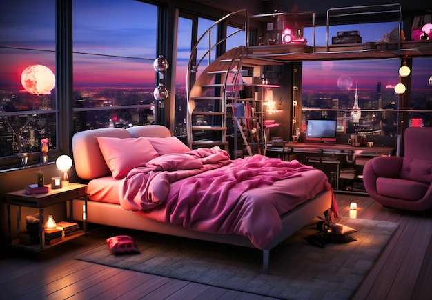 A bedroom with neon lights and neon walls