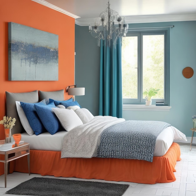 A bedroom with orange walls and blue curtains and a blue and white bed with white and blue pillows.