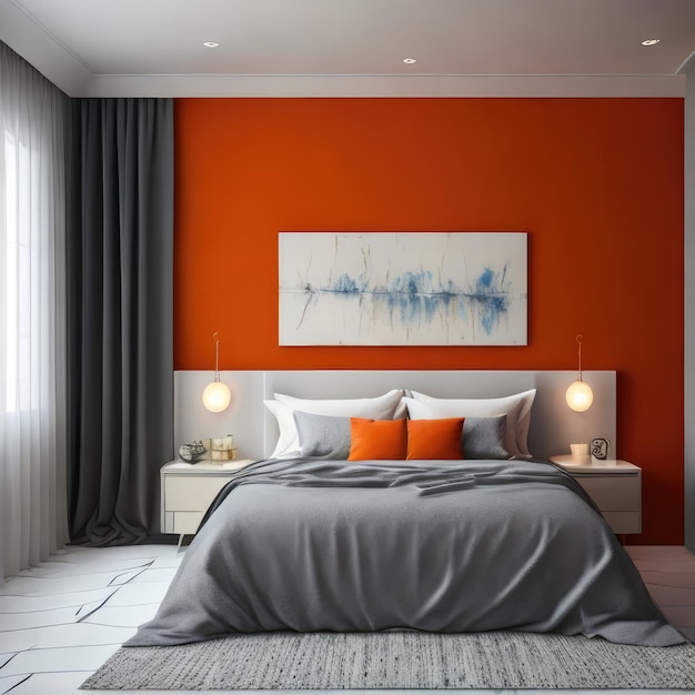 A bedroom with orange walls and a white bed with orange pillows.