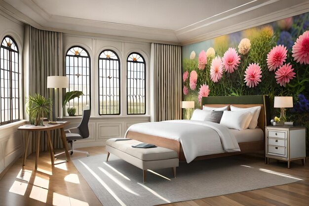 Photo a bedroom with a painting of flowers on the wall