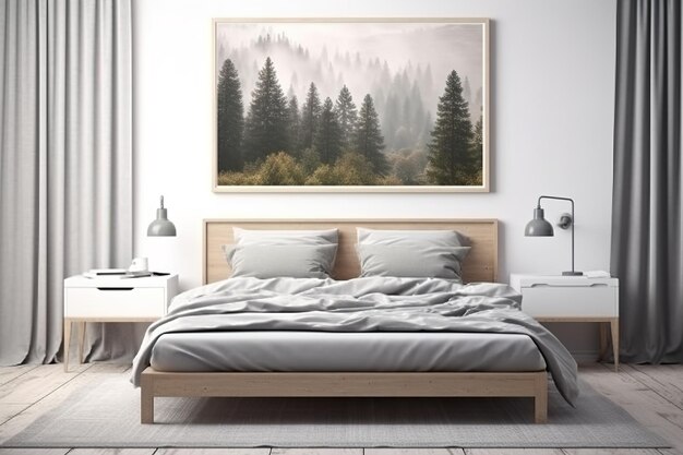A bedroom with a painting of a forest scene above it