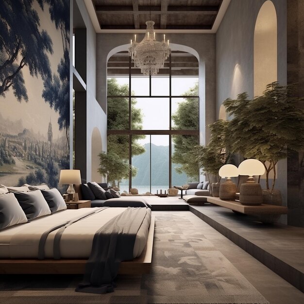 a bedroom with a painting of a landscape and a bed with a painting of trees on the wall.