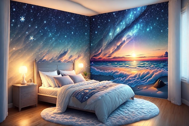 A bedroom with a painting of a sunset on the wall