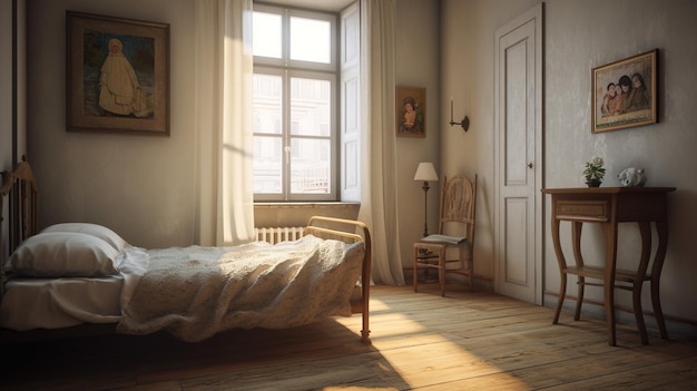 A bedroom with a painting on the wall