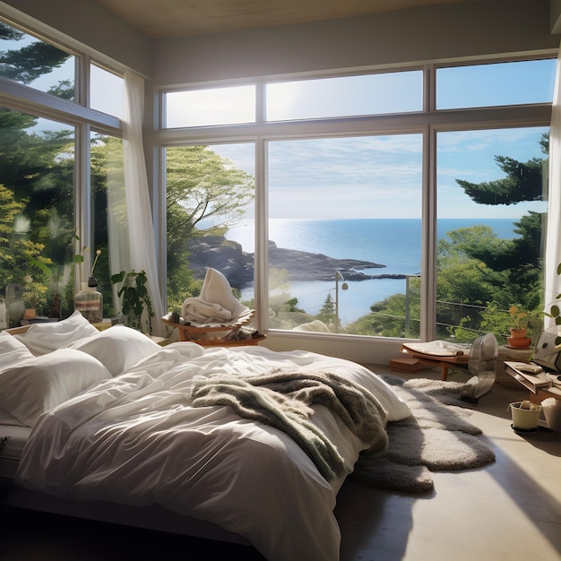 Photo bedroom with panoramic window