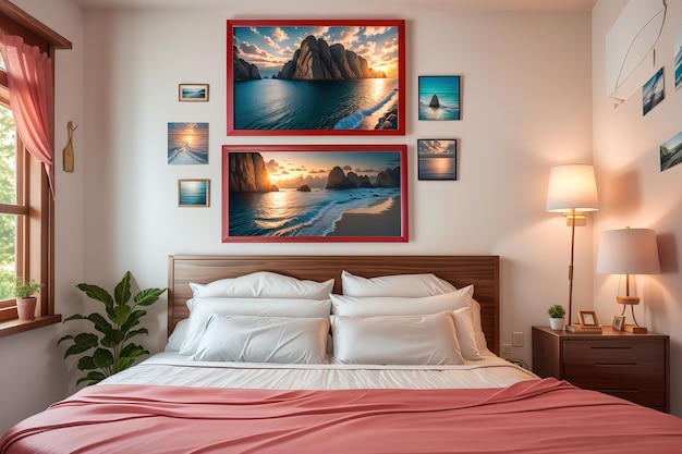 A bedroom with a picture of a beach scene on the wall