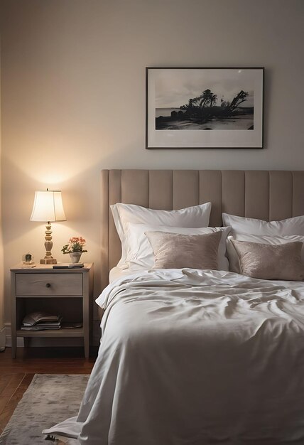 a bedroom with a picture of a boat on the wall and a picture of a boat on the wall