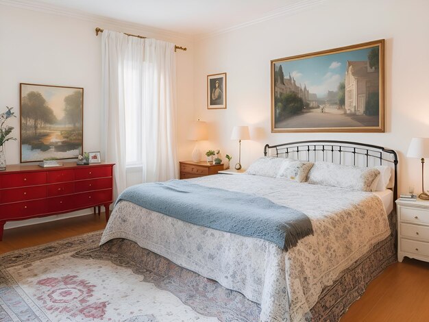Foto una camera da letto con una foto di una città sul muro