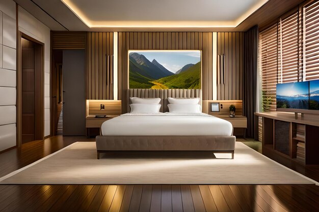 A bedroom with a picture of a mountain and a painting on the wall