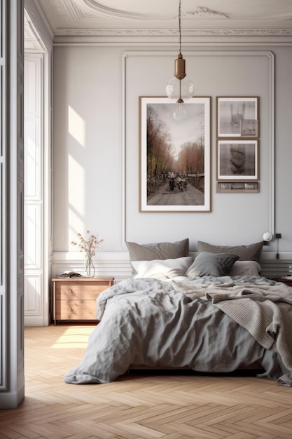 A bedroom with a picture on the wall and a bed with grey bedding and a picture on the wall.