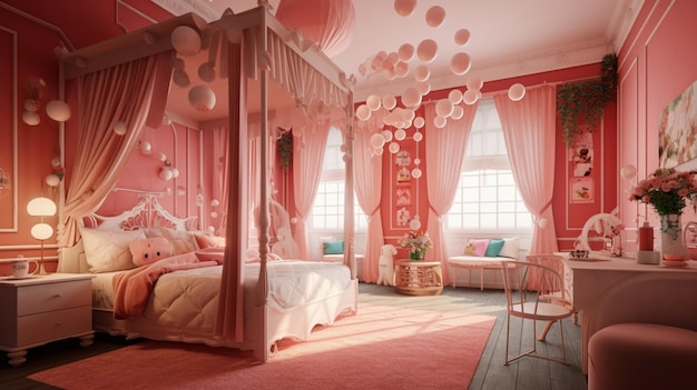 A bedroom with a pink bed and a canopy bed with a pink curtain and a pink bed with a pink curtain.