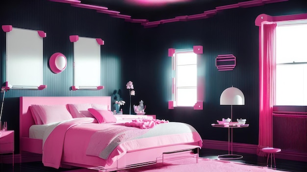 A bedroom with a pink bed and a mirror that says'pink '