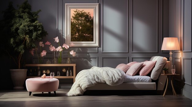 a bedroom with a pink bed and a painting of a tree and a pink bed