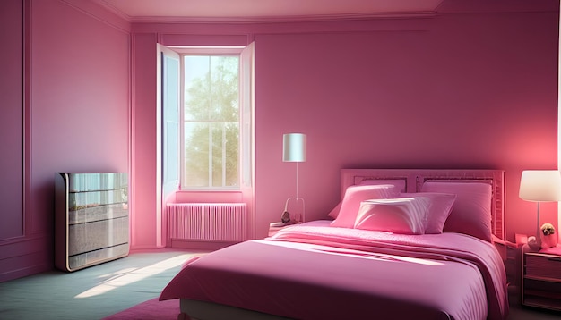 A bedroom with a pink bed and a television.