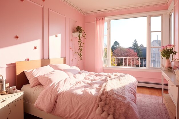 a bedroom with a pink bed and a window with a view of the forest