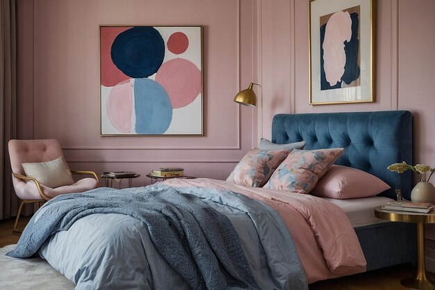 Photo a bedroom with a pink and blue painting above the bed