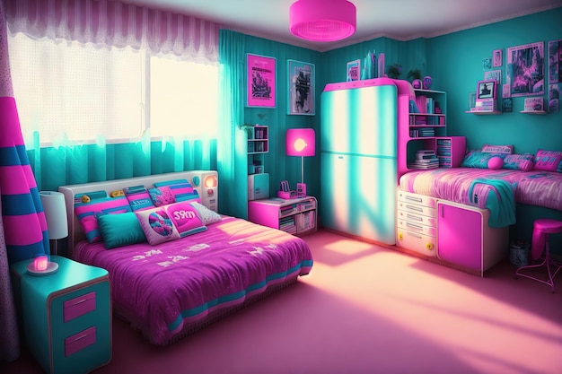 A bedroom with pink and blue walls and a bed with a green and pink blanket.