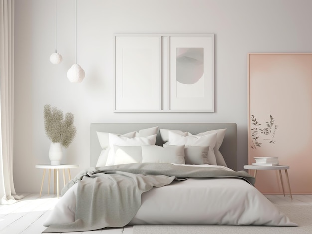 ピンクの壁のベッドルームと、白いカバーと白いブランケットを敷いたベッド。