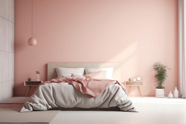 Photo a bedroom with a pink wall that has a bed and a lamp on it.