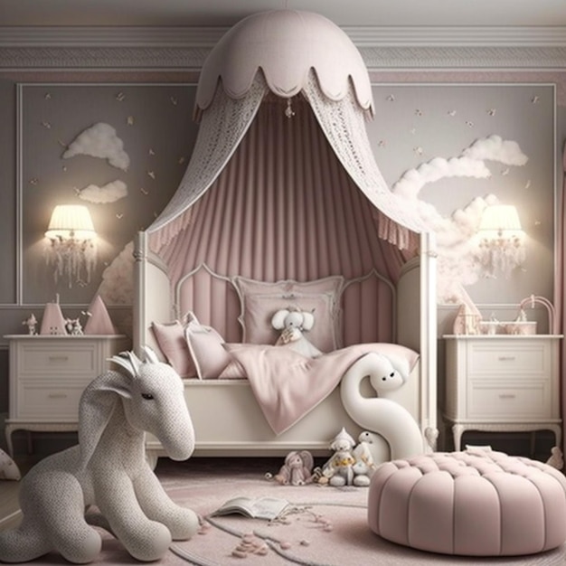 A bedroom with a pink and white bed and a white unicorn.