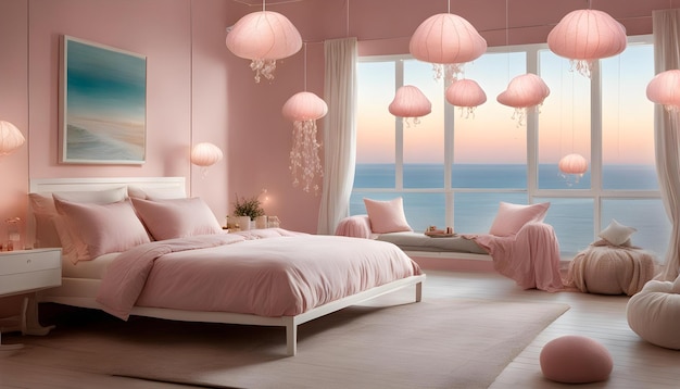 a bedroom with pink and white pillows and pink sheets