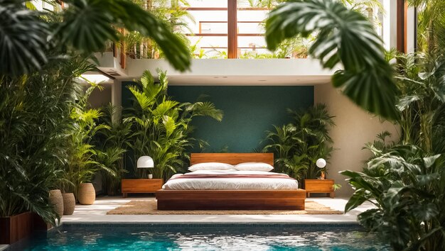 Bedroom with pool tropical plants